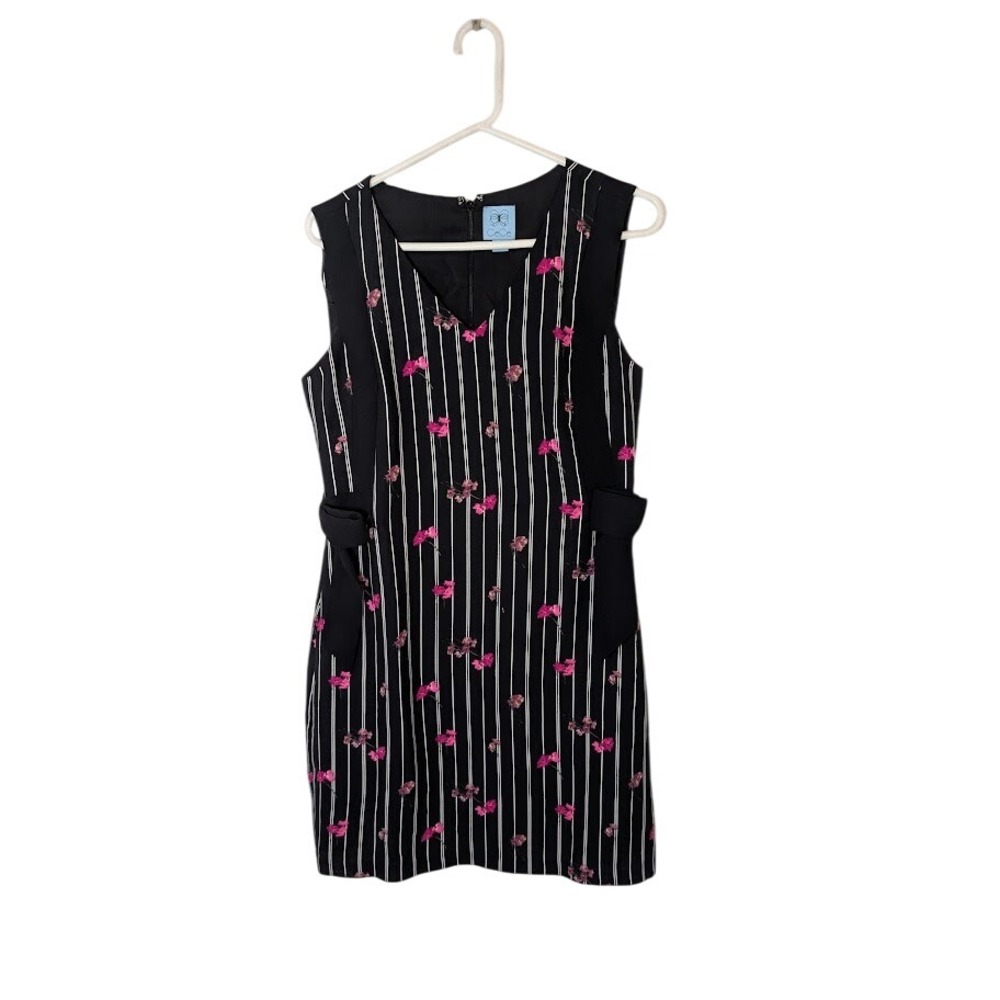 CeCe Black White Stripe Floral Sleeveless Dress Bow‎ Accent Size S